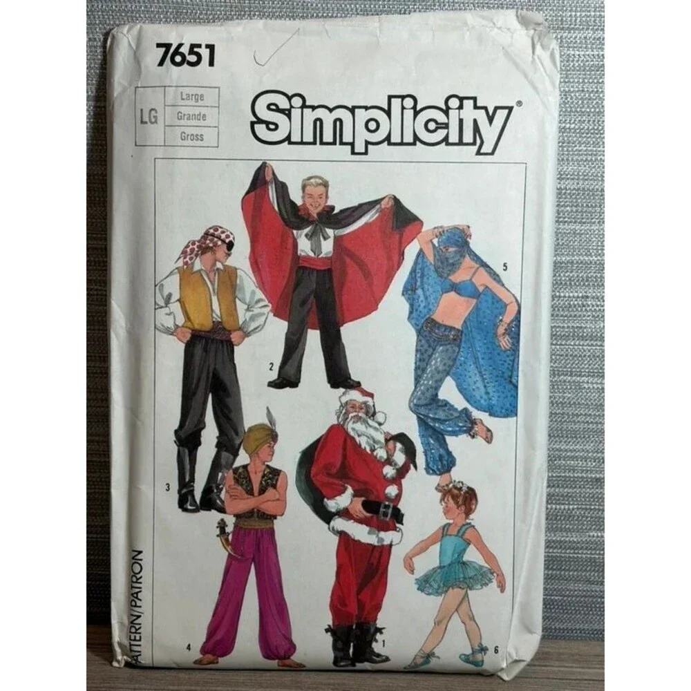 Simplicity 7651 Adult Children Large 26 pc Costume Pattern cape shirt Uncut 1986